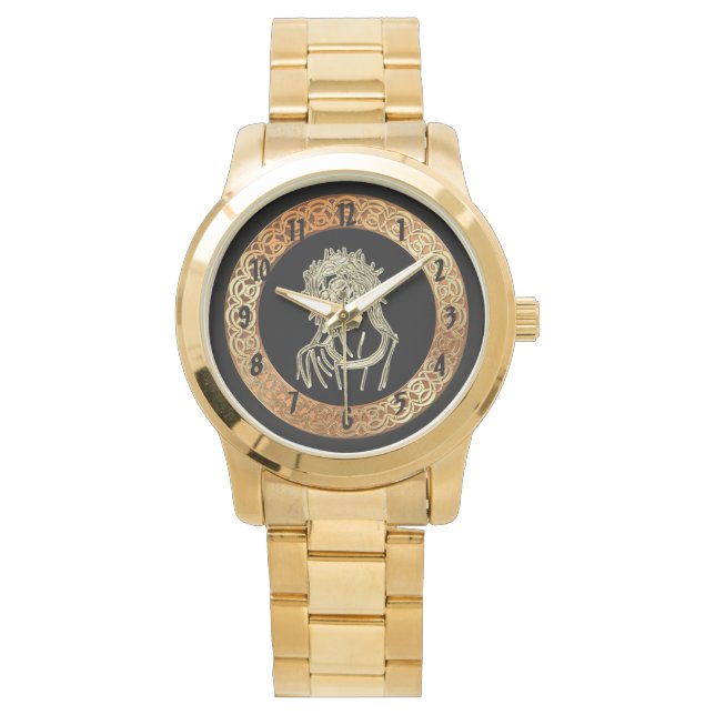 Gold Jesus schaut auf Gott glimmern hell Armbanduhr (Vorderseite)