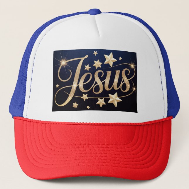 Gold Jesus Script Blue  Truckerkappe (Vorderseite)