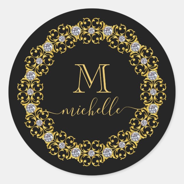 Gold Jewel Frame Monogram Name Classic Round Stick Runder Aufkleber (Vorderseite)