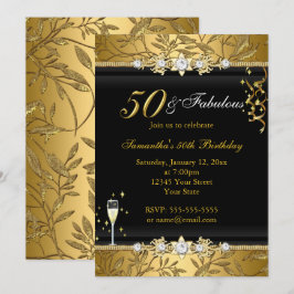 Gold Jewel Leaf 50 Fabulous Birthday Black Einladung