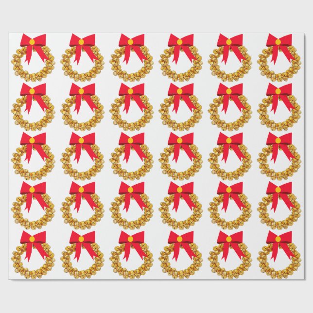 Gold Jingle Bells Wreath White Wrapping Paper Geschenkpapier (Flach)