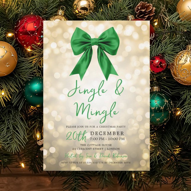 Gold Jingle Mingle Christmas Party Green Bow  Einladung (Gold Jingle Mingle Christmas Party Green Bow Invitation)