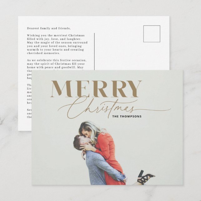 Gold Joyer Script Serif Christmas Photo Carte post (Devant / Derrière)