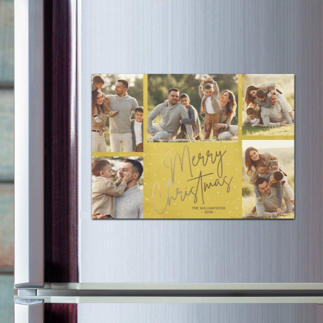 Gold Joyeux Noël Photos Carte magnétique jaune (Faux gold Merry Christmas 5 photo gold border magnetic Christmas cards)