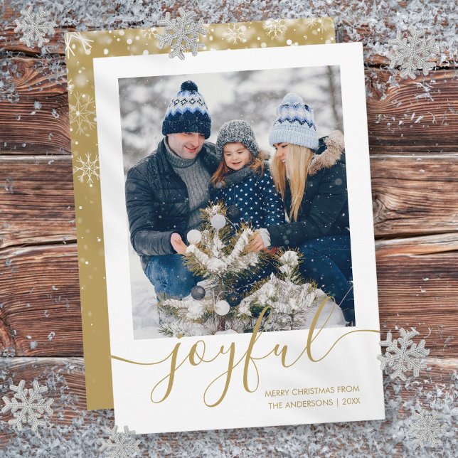 Gold Joyful Frohe Weihnachten Foto (Gold Joyful Merry Christmas Photo Holiday Card)