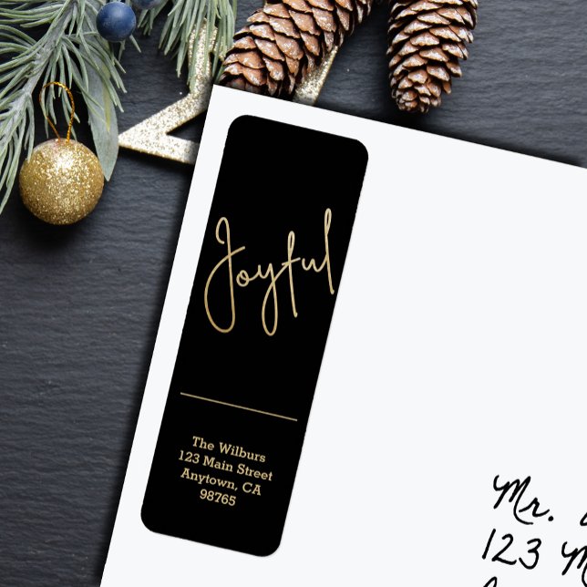 Gold JOYFUL on Black Christmas Return Address (Gold script JOYFUL on black Christmas holiday vertical skinny return address labels
)