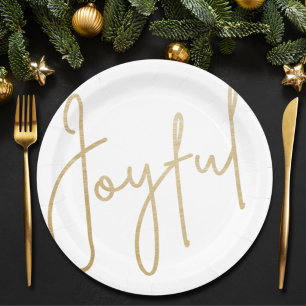Gold JOYFUL White Christmas Pappteller