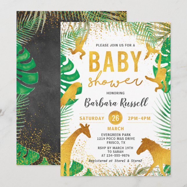 Gold Jungle Animals Safari Baby Dusche Einladung (Vorne/Hinten)