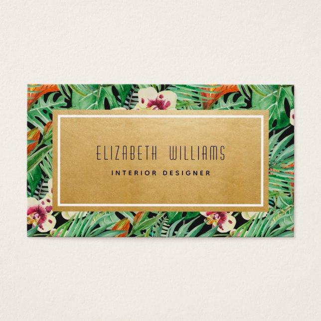 Gold Jungle Floral Interior Designer Business Card (Vorderseite)