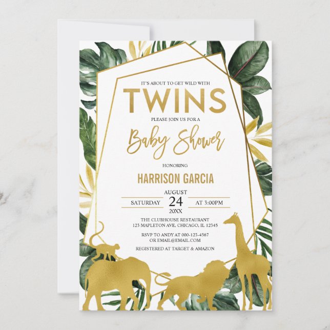 Gold Jungle Safari Tiere Twins Baby Dusche Einladung (Vorderseite)