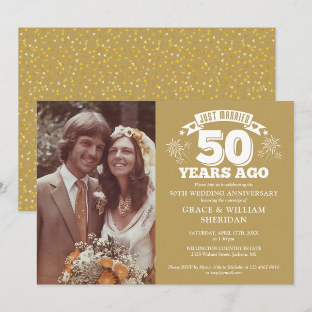 Gold just Married 50. Wedding Anniversary Foto Einladung (Vorne/Hinten)
