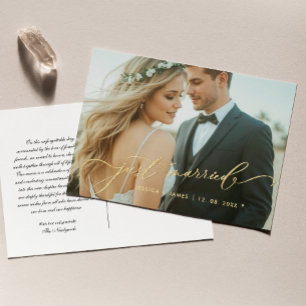 Gold Just Married Wedding Foto Ankündigungspostkarte