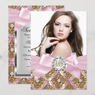 Gold-Juwel-Damask & rosa Schleife Sweet 16 Foto-Ei Einladung