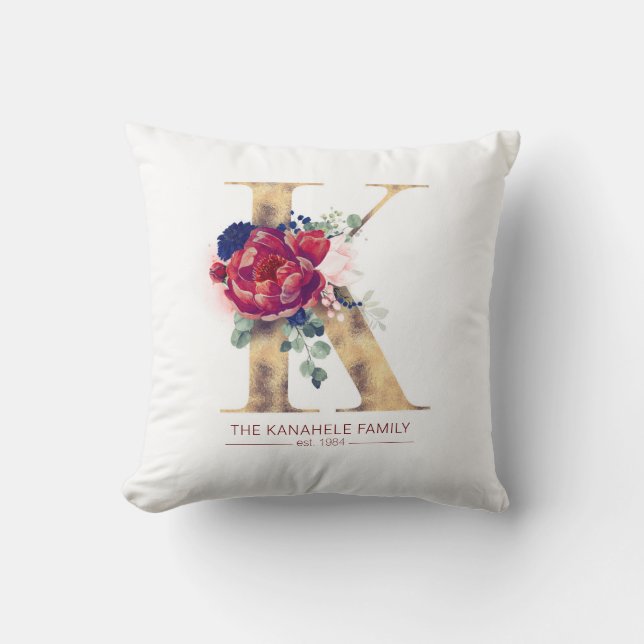 Gold K Monogram Floral Burgundy Red and Navy Blue Kissen (Vorderseite)