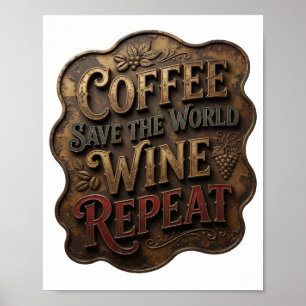Gold KAFFEE RETTE DIE WELT WEIN WIEDERHOLEN Poster