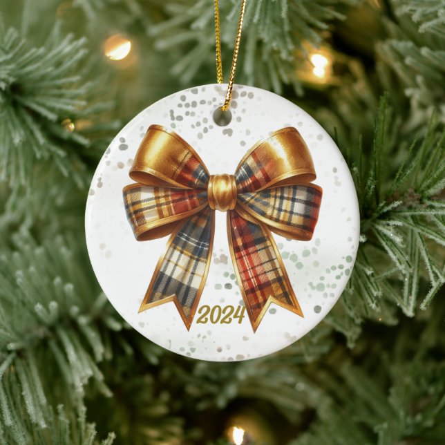 Gold Kariert Holiday Bow Year Akzent Keramik Ornament (Baum)