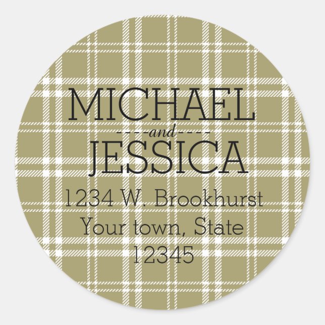 Gold Karierter Personalisierter Name und Anschrift Runder Aufkleber (Vorderseite)