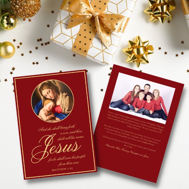 Gold Katholische Madonna & Kind Foto Weihnachten (Madonna and Child Religious Catholic Christmas card with family photo)