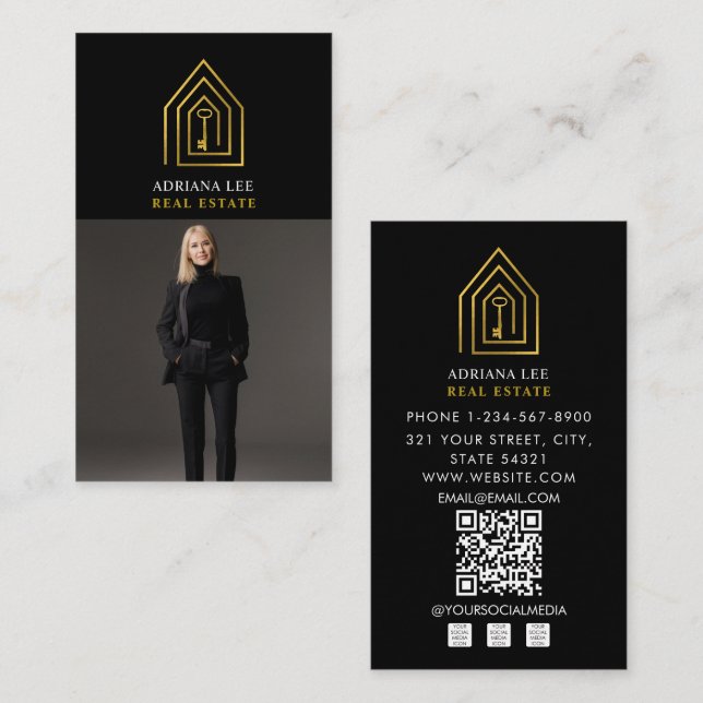 Gold Key Photo Real Estate Agent QR Code Black Visitenkarte (Vorne/Hinten)