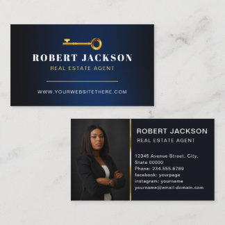 Gold Key Photo Real Estate Agent QR Code Navy Blue Visitenkarte