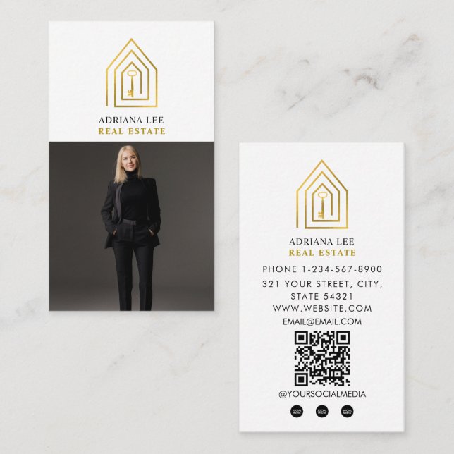 Gold Key Photo Real Estate Agent QR Code White Visitenkarte (Vorne/Hinten)