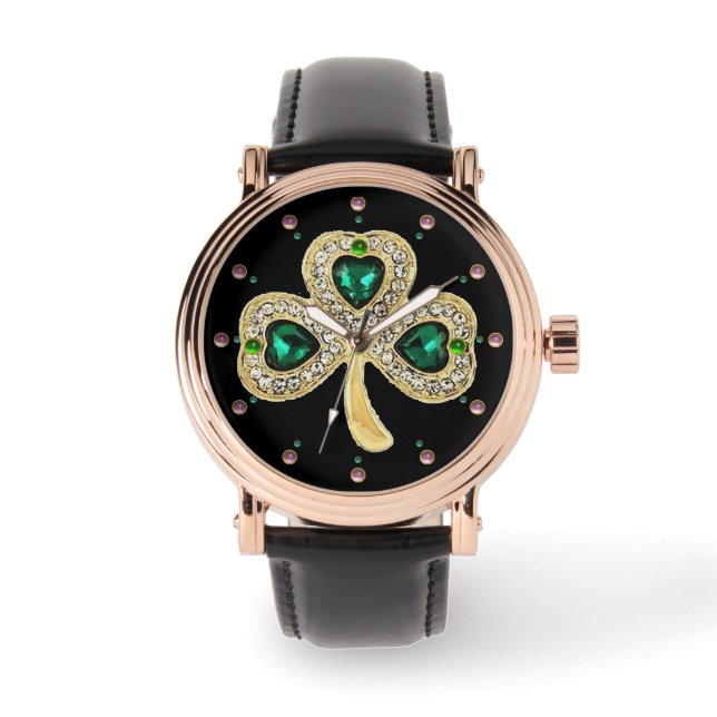 GOLD KLEEBLATT JEWEL EMERALD GRÜNE HERZEN, Edelste Armbanduhr (Vorderseite)