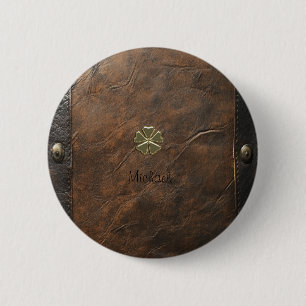 Gold Kleeblatt St.Patrick`s Day, Braunleder Button