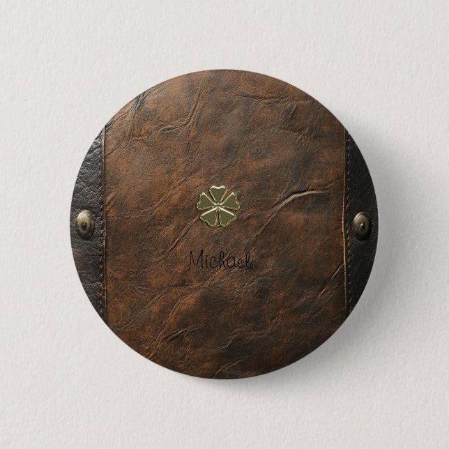 Gold Kleeblatt St.Patrick`s Day, Braunleder Button (Vorderseite)