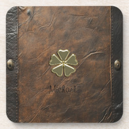 Gold Kleeblatt St.Patrick`s Day, Braunleder Getränkeuntersetzer