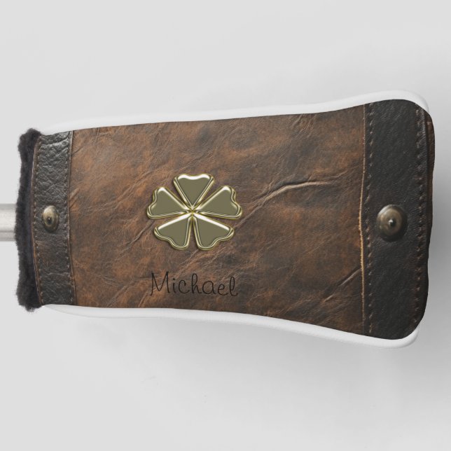 Gold Kleeblatt St.Patrick`s Day, Braunleder Golf Headcover (Vorderseite)