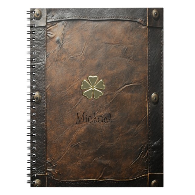 Gold Kleeblatt St.Patrick`s Day, Braunleder Notizblock (Vorderseite)
