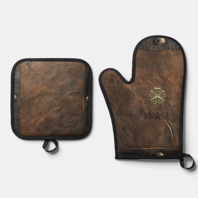 Gold Kleeblatt St.Patrick`s Day, Braunleder Ofenhandschuh & Topflappen-Set (Vorderseite)