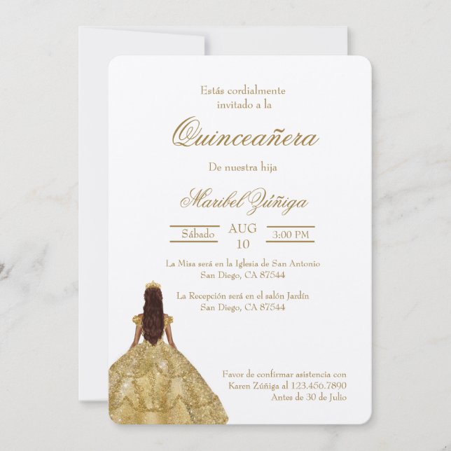 Gold Kleid Quinceanera Einladung (Vorderseite)