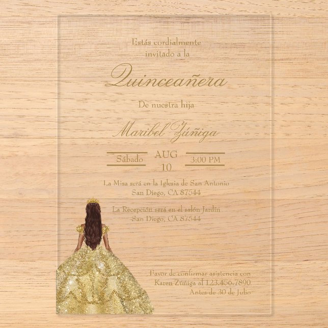 Gold Kleid Quinceanera Einladung (Vorderseite)