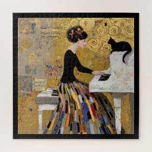 Gold Klimt Klavier Lady mit schwarzer Katze