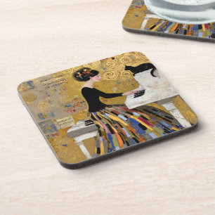 Gold Klimt Klavier Lady mit schwarzer Katze Getränkeuntersetzer