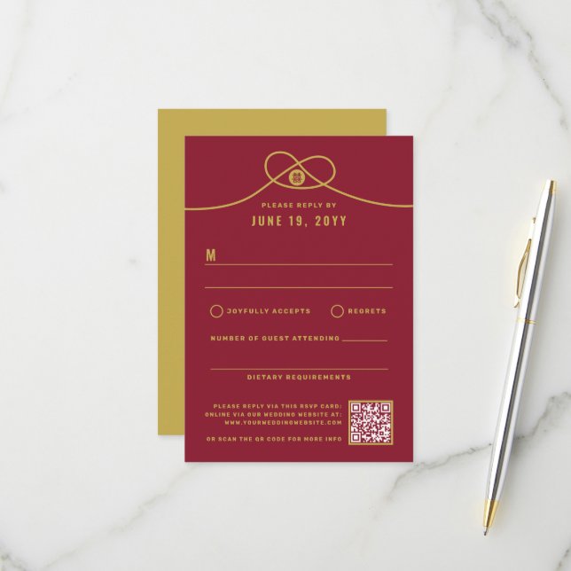 Gold Knot Gewerkschaft Doppeltes Glück Chinesische RSVP Karte (Vorderseite/Rückseite Beispiel)