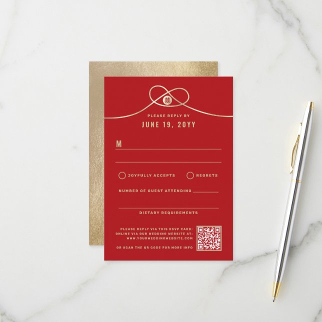 Gold Knot Gewerkschaft Doppeltes Glück Chinesische RSVP Karte (Vorderseite/Rückseite Beispiel)