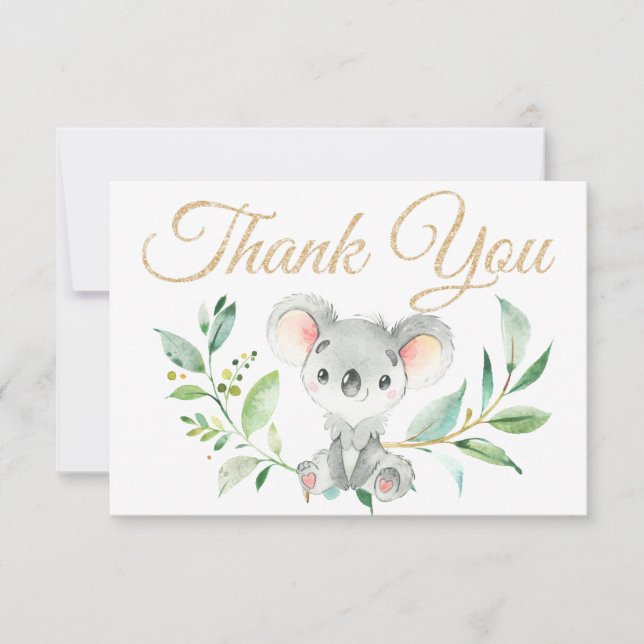 Gold Koala und Eucalyptus Baby Dusche Vielen Dank Dankeskarte (Vorderseite)