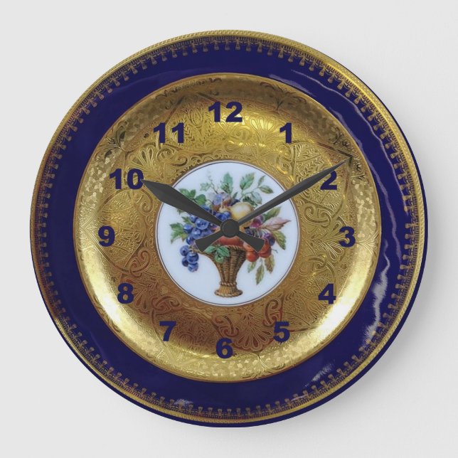 Gold, Kobalt Blau und Blumenantik Große Wanduhr (Vorderseite)