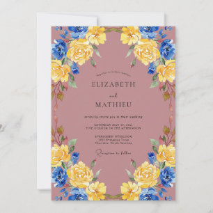 Gold-Kobalt-Mauve bemalte Hochzeit Einladung