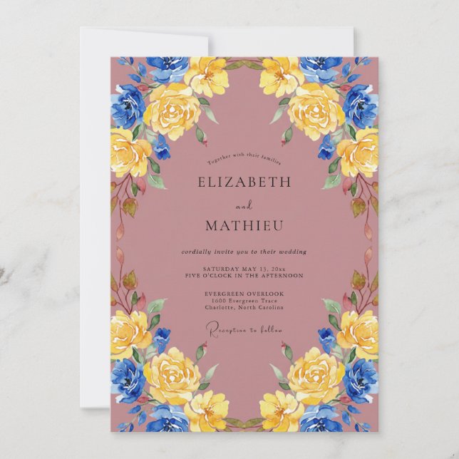 Gold-Kobalt-Mauve bemalte Hochzeit Einladung (Vorderseite)