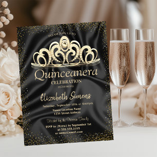Gold Konfetti Tiara Chic Schwarze Satin Quinceañer Einladung