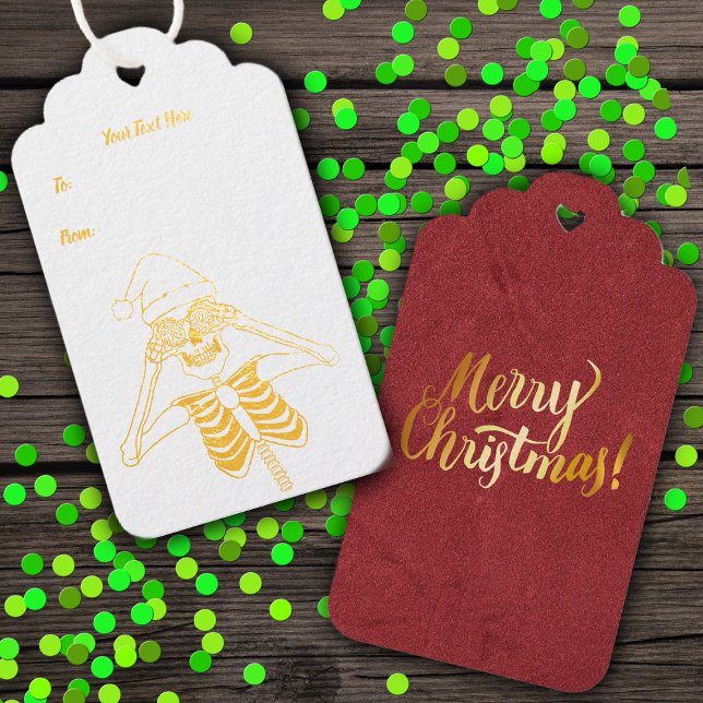 Gold Kontur Skeleton Ornament Eye Frohe Weihnachte Geschenkanhänger (Gold foil fun skeleton ornament eyes, red back with gold Merry Christmas on hanging gift tag.)