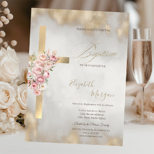 Gold Kreuz rosa Blumen Taufe Glitter Gold Einladung