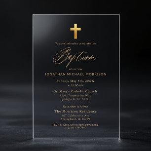 Gold Kreuz Schrift Typografie Chic Elegant Taufe Acryleinladungen