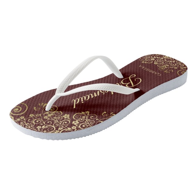 Gold Lace Auburn Brown Bridesmaid Wedding Flip Flops (Schrägansicht)