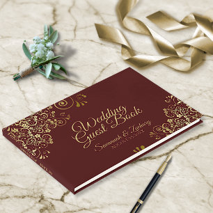 Gold Lace Auburn Brown Frilly Elegante Wedding Gästebuch