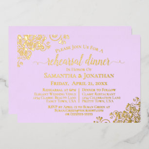 Gold Lace auf Lilac Lila Hochzeit Probe Dinner Folieneinladung