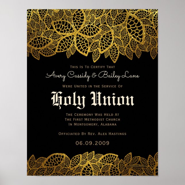 Gold Lace Black Alternative Wedding Certificate Poster (Vorne)